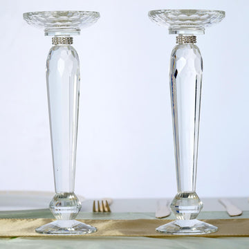 2 Pack Premium Cut Crystal Glass Pillar Candle Holder Stands, Kissing Ball Flower Pedestals 11"