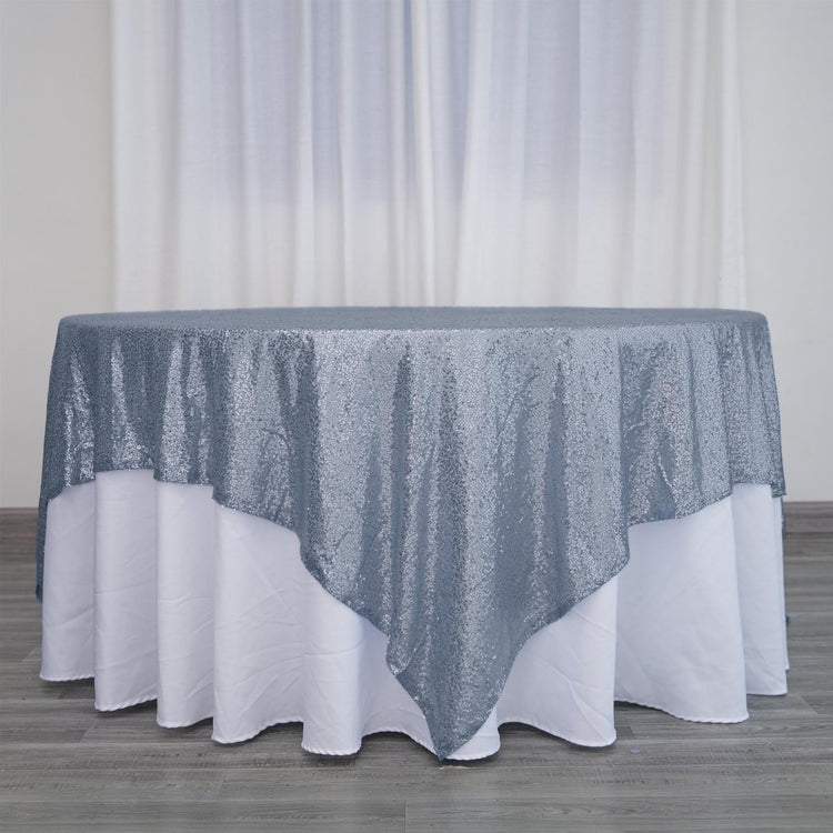 90 Inch By 90 Inch Dusty Blue Sequin Square Tablecloth Overlay Seamless