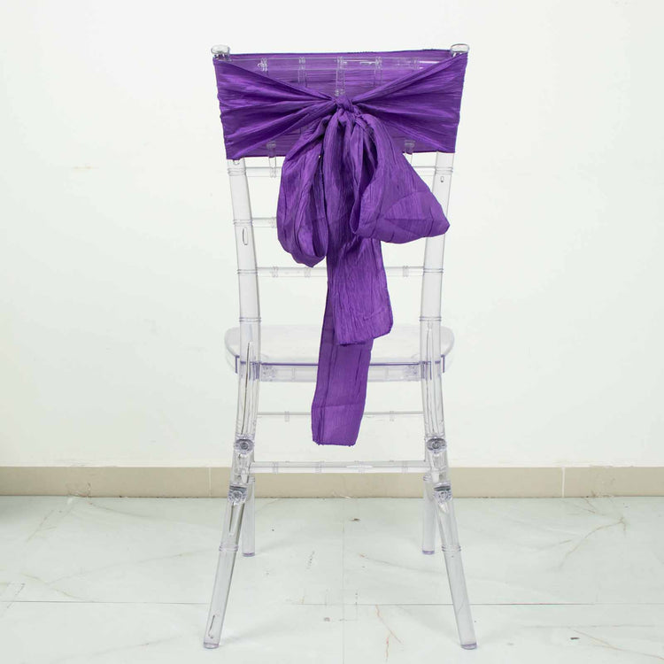 5 Pack | Purple Accordion Crinkle Taffeta Chair Sashes - 6inch x 106inch