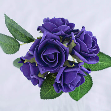 24 Roses Purple Artificial Foam Flowers With Stem Wire and Leaves 2"