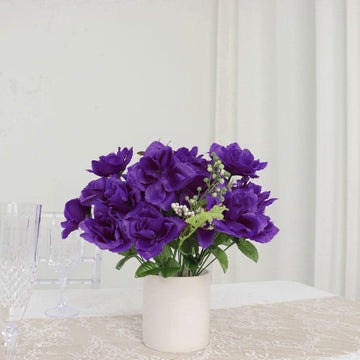 12 Bushes Purple Artificial Premium Silk Blossomed Rose Flowers 84 Roses
