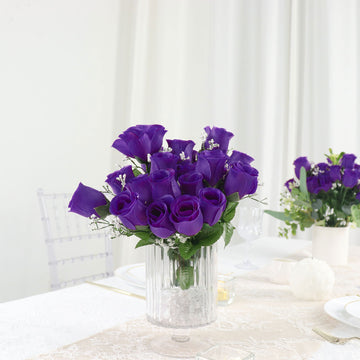 12 Bushes Purple Artificial Premium Silk Flower Rose Bud Bouquets