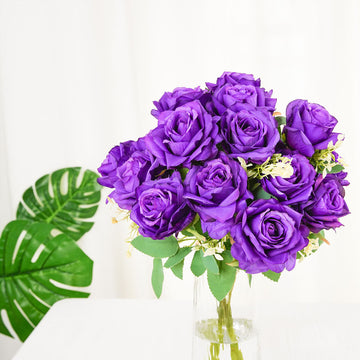 2 Bushes Purple Artificial Silk Rose Flower Arrangements, Real Touch Long Stem Flower Bouquet 18"