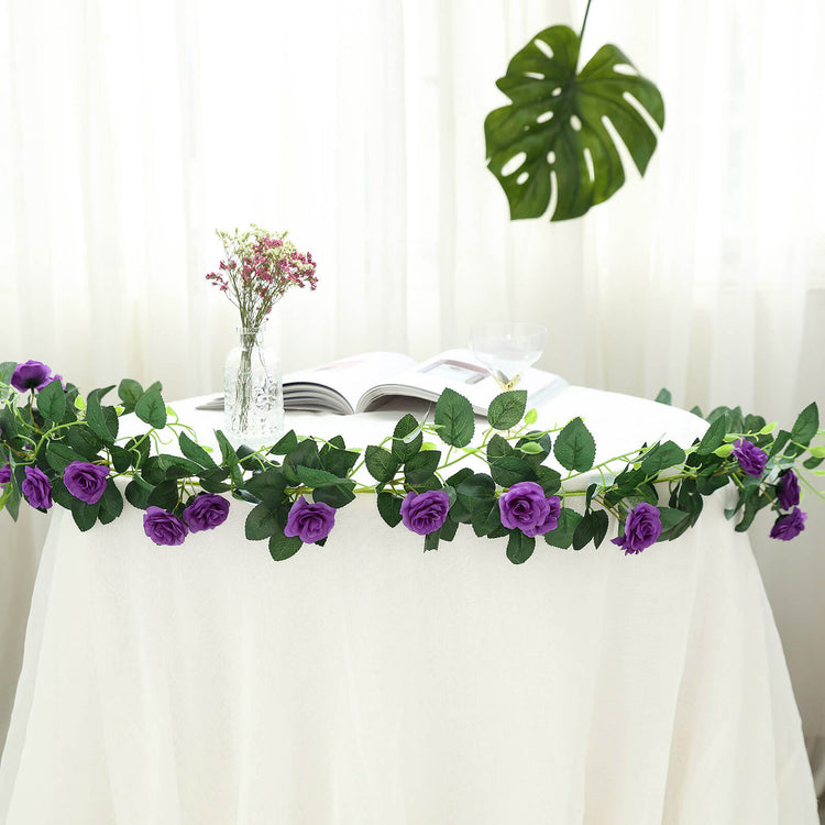 6 Feet Artificial Silk Roses Purple 20 Hanging Vines Flower Garland 
