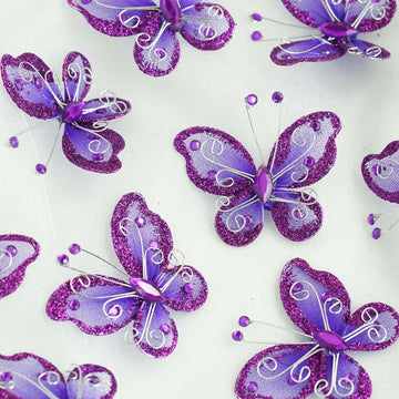 Elegant Purple Diamond Studded Wired Organza Butterflies - Set of 12