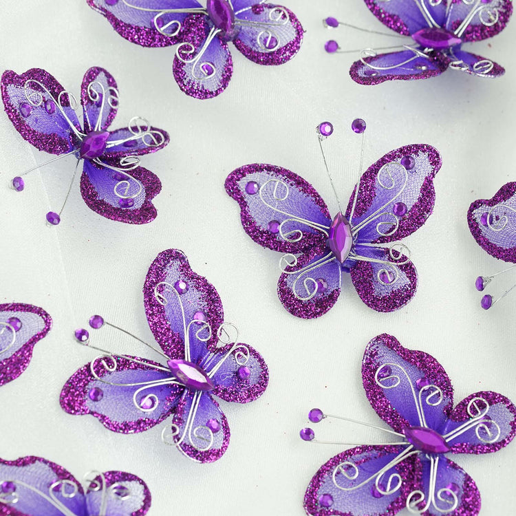 12 Pack 2 Inch Purple Diamond Studded Wired Organza Butterflies