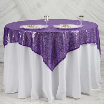 Add a Touch of Elegance with the Purple Duchess Sequin Square Table Overlay 60"x60"
