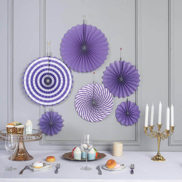 Set of 6 Purple Hanging Paper Fan Decorations, Pinwheel Wall Backdrop Party Kit 8", 12", 16"