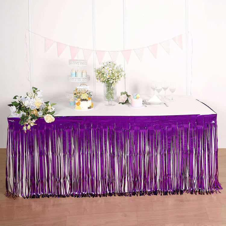 30 Inch x 9 Feet Purple Metallic Foil Fringe Tinsel Table Skirt