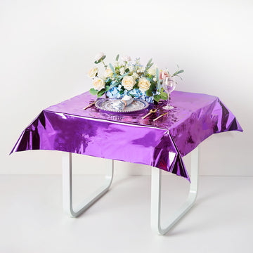 Purple Metallic Foil Square Tablecloth, Disposable Table Cover 50"x50"