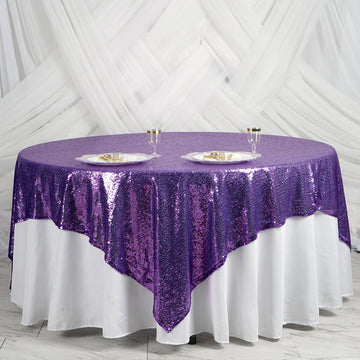 Add a Touch of Glamour to Your Event with the Purple Premium Sequin Square Table Overlay