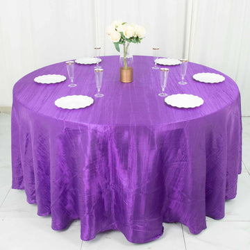 Create an Elegant and Stylish Atmosphere with the Purple Seamless Accordion Crinkle Taffeta Round Tablecloth 120