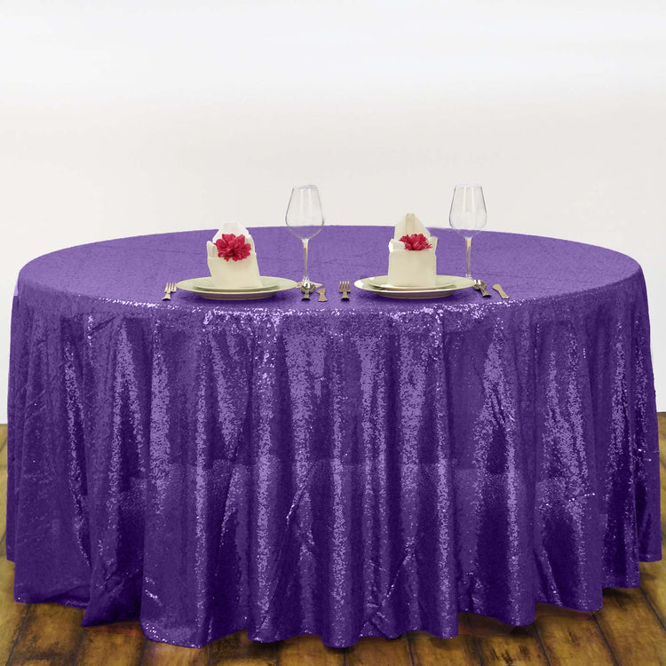 108" Purple Premium Sequin Tablecloth, Round Glitter Table Cloth