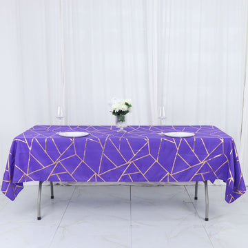Purple Seamless Rectangle Polyester Tablecloth With Gold Foil Geometric Pattern 60"x102"