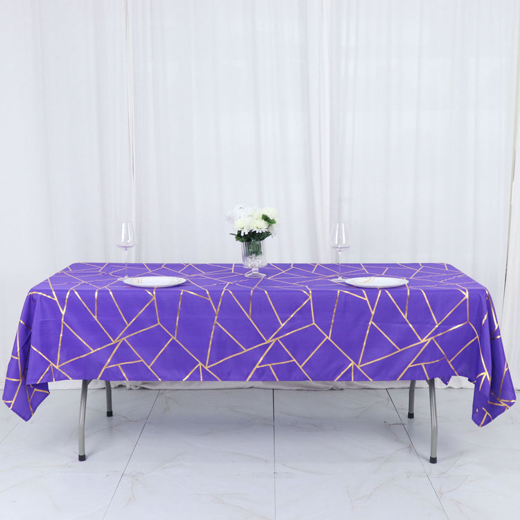 60 Inch x 102 Inch Purple Rectangle Polyester Tablecloth with Gold Foil Geometric Pattern
