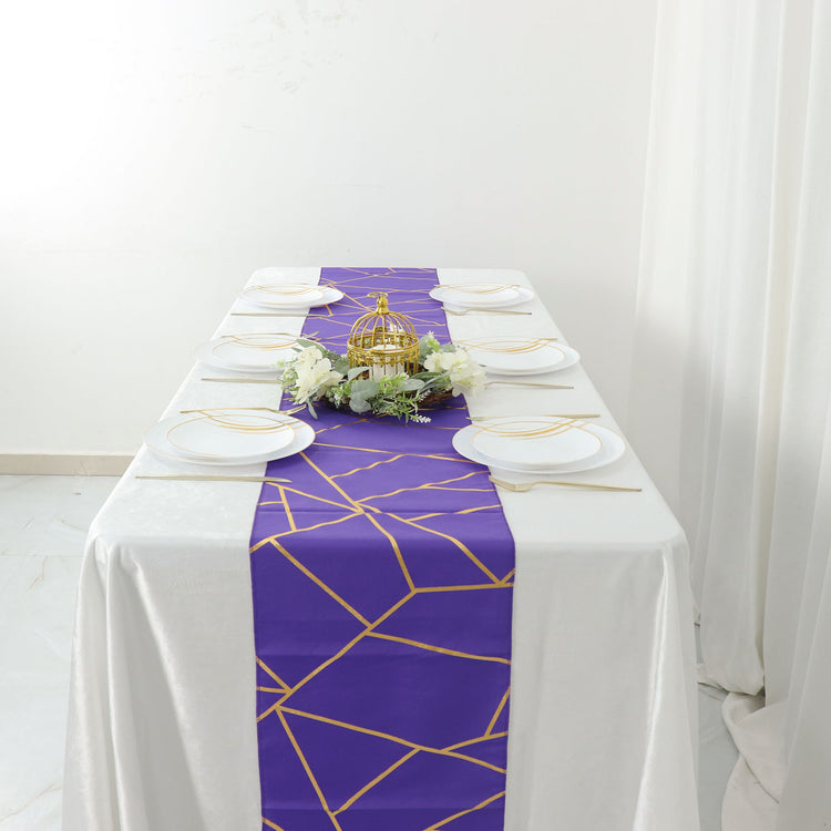 9 Feet Purple Table Runner With Gold Foil Geometric Pattern
