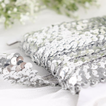 Add Sparkle and Elegance with Metallic Silver Sequin Stretch Fabric Ribbon