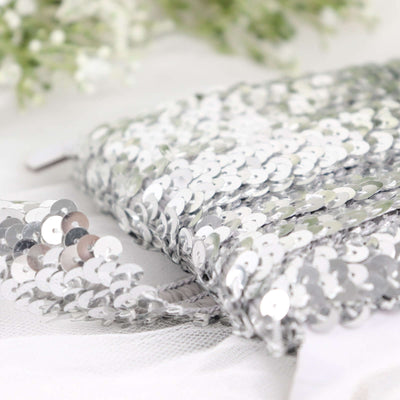 Silver sequin pouch bag with a soft white backdrop.