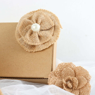 Burlap flower embellishments for gift wrapping and decor