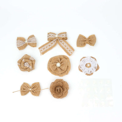 Assorted burlap bows and flowers for crafts and decorations