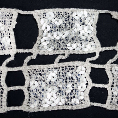 Decorative lace trim with sequins on a black background.