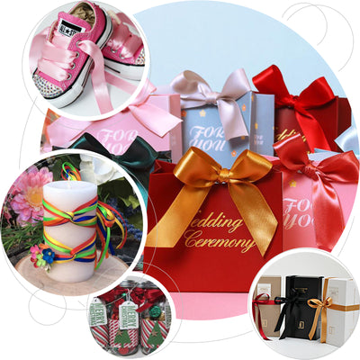 Colorful wedding gift boxes with ribbons and decorative accessories.