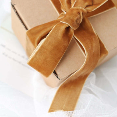 Brown velvet ribbon tied around a gift box on a soft background.