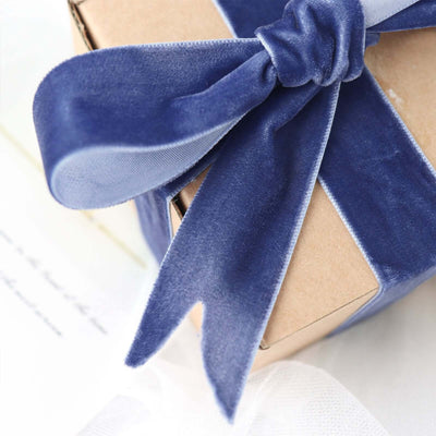 Velvet ribbon gift box with a stylish bow on a soft background.