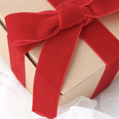 Red velvet ribbon tied around a gift box on a soft white background.