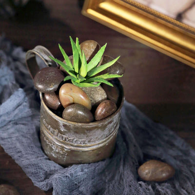 Decorative plant in a vintage metal cup filled with smooth stones.
