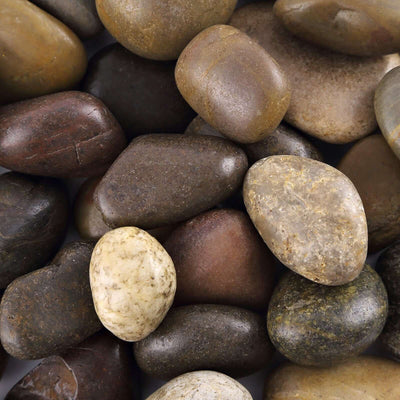 Smooth decorative stones in various earthy tones.
