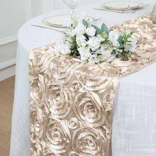 Satin Beige Table Runner With Grandiose 3D Rosette Design 14 Inch X 108 Inch 