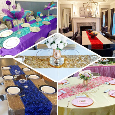Elegant table settings with decorative table runners in various colors and styles.