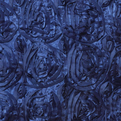 Navy blue satin fabric with rose pattern texture