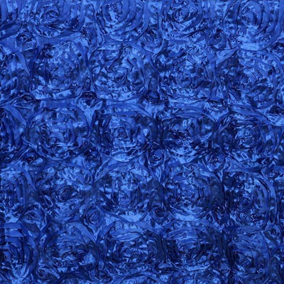 Textured blue satin fabric with rose pattern.