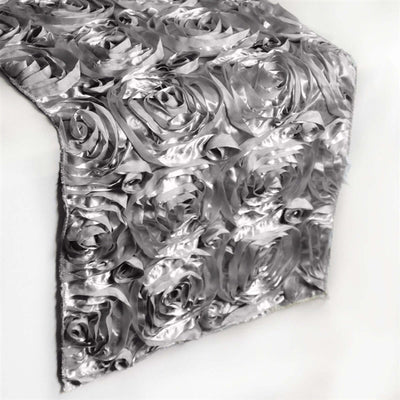 Silver rose-patterned table runner on a white background