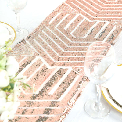 Pink geometric sequin table runner on a dining table with glassware.