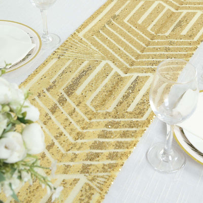 Gold sequin table runner with geometric pattern on a dining table setting.