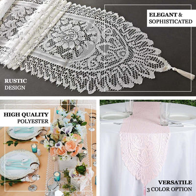 Elegant lace table runner in white, showcasing rustic design and high-quality polyester.