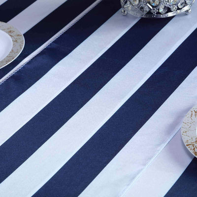 Navy and white striped table runner on a dining table