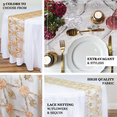 Elegant table runner with floral lace and sequins in gold and white. High-quality fabric.