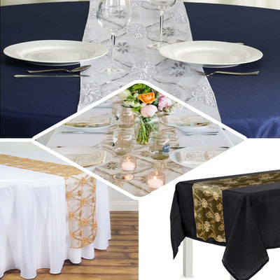Decorative table runners in various colors for elegant dining settings.