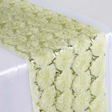 12"x108" Tea Green Sequin Studded Floral Tulle Table Runner