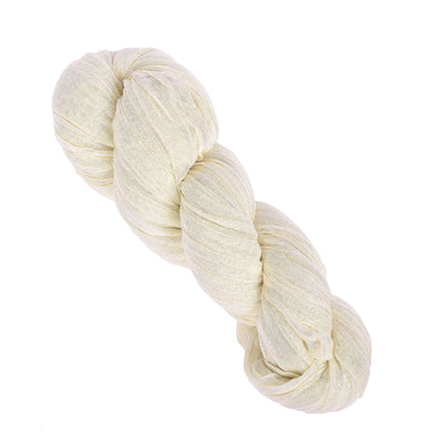 Cream-colored twisted yarn skein on a white background.