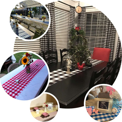 Dining table setup with checkered tablecloths and floral arrangements in a cozy setting.