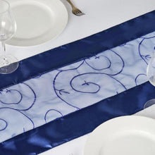 Satin Embroidered Sheer Navy Blue Organza Table Runner 14 Inch x 108 Inch