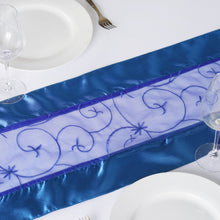 Satin Embroidered Sheer Royal Blue Organza Table Runner 14 Inch x 108 Inch