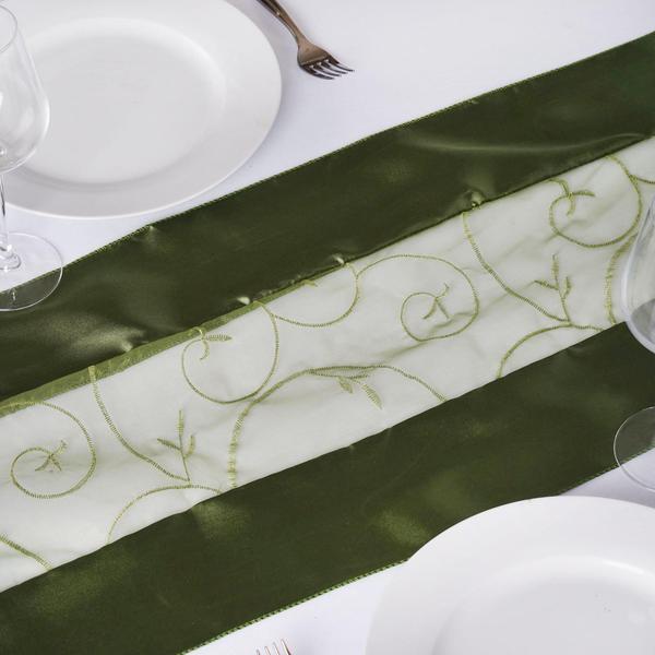 Olive Green Satin Embroidered Table Runner | eFavormart.com