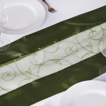 Satin Embroidered Sheer Olive Green Organza Table Runner 14 Inch x 108 Inch