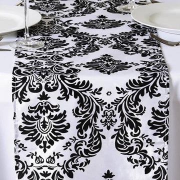 Elevate Your Event with the Black Taffeta Damask Flocking Table Runner